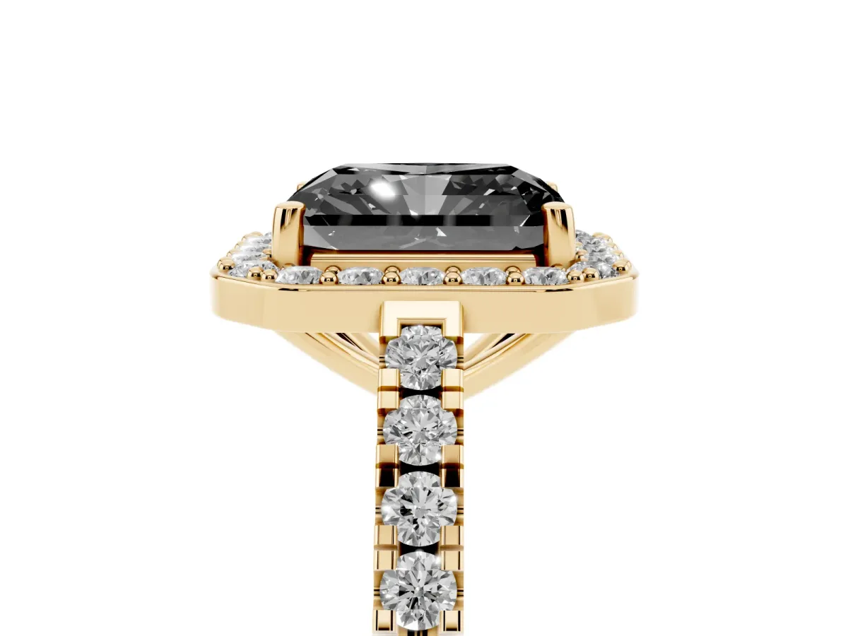 Fancy Black Radiant Cut Diamond Halo Ring with Round Pavé Split Shank and Prong Setting Yellow gold