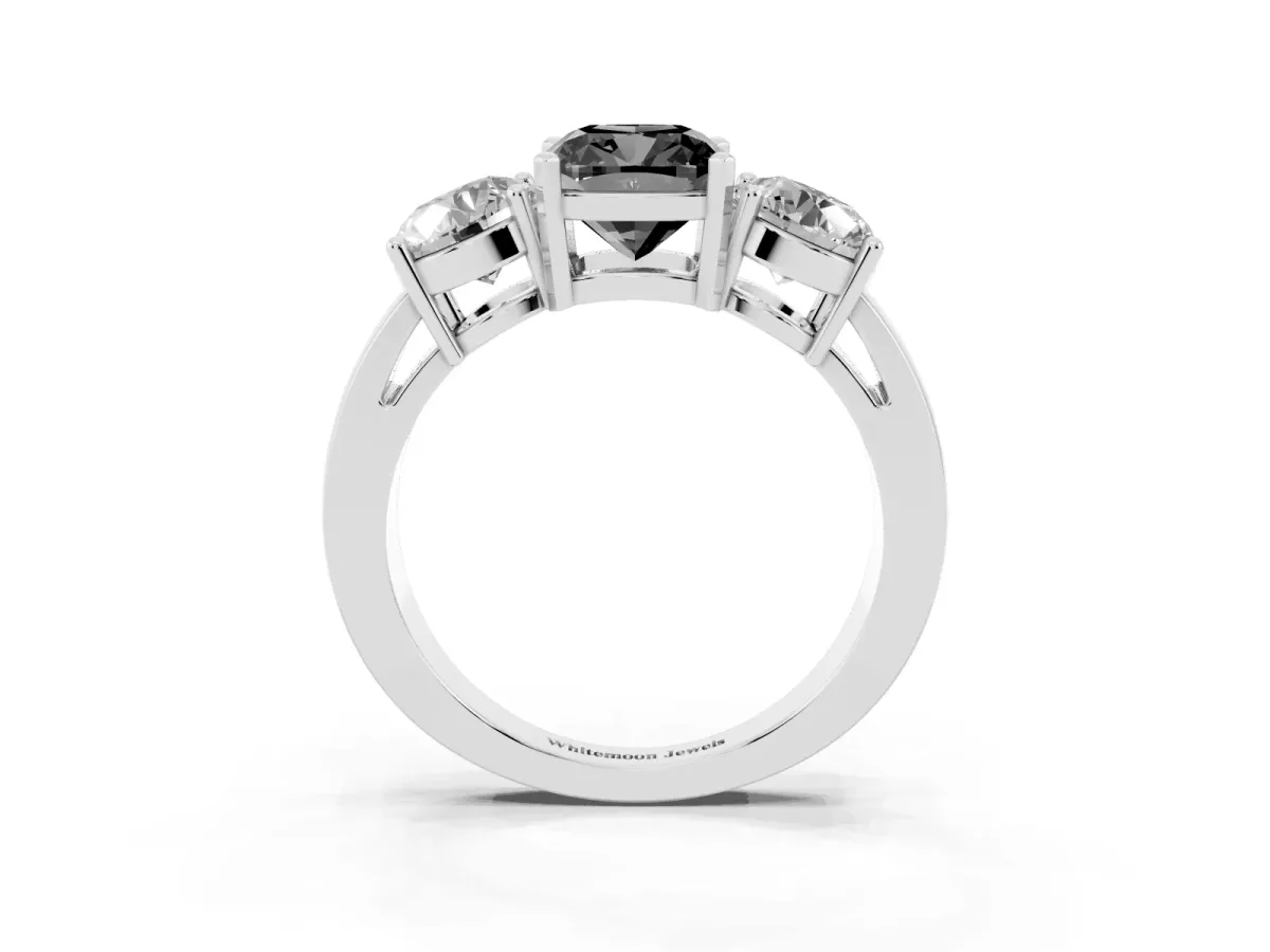 Fancy Black Three-Stone Cushion Cut Diamond Ring with Round Side Stones, Classic Band, and Four-Prong Setting Silver