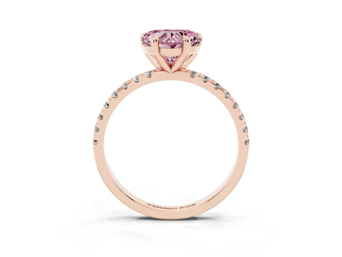 Fancy Pink Heart Cut Diamond Brilliant Solitaire Ring with Pavé Band and Four-Prong Setting Rose gold