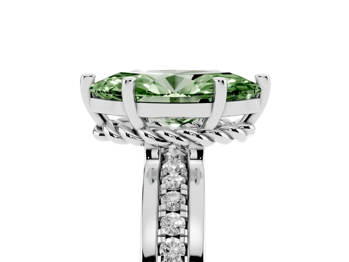 Fancy Green Marquise Cut Solitaire Diamond Ring with Channel Set Band and Six-Prong Setting Silver