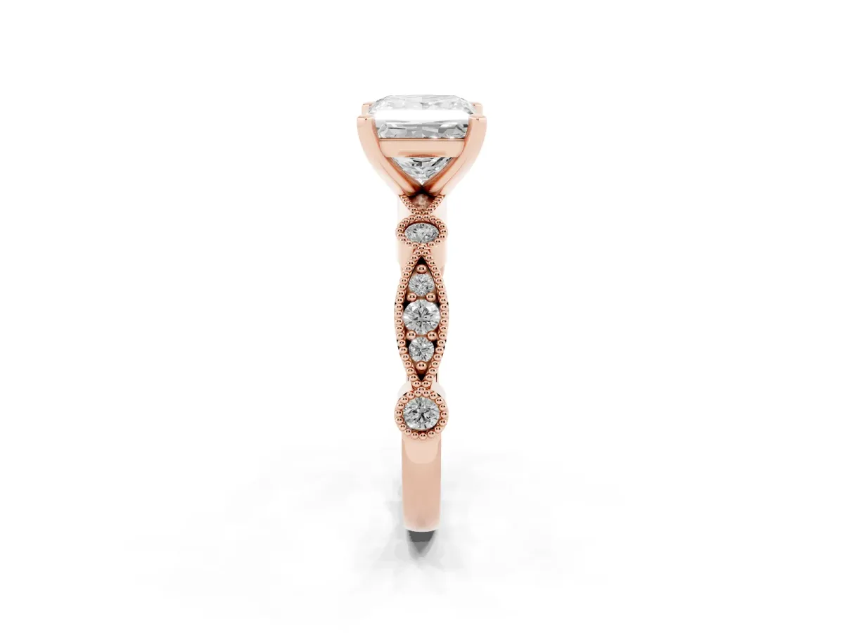 Princess Cut Milgrain Bezel Diamond Engagement Ring with Solitaire Prong Setting Rose gold