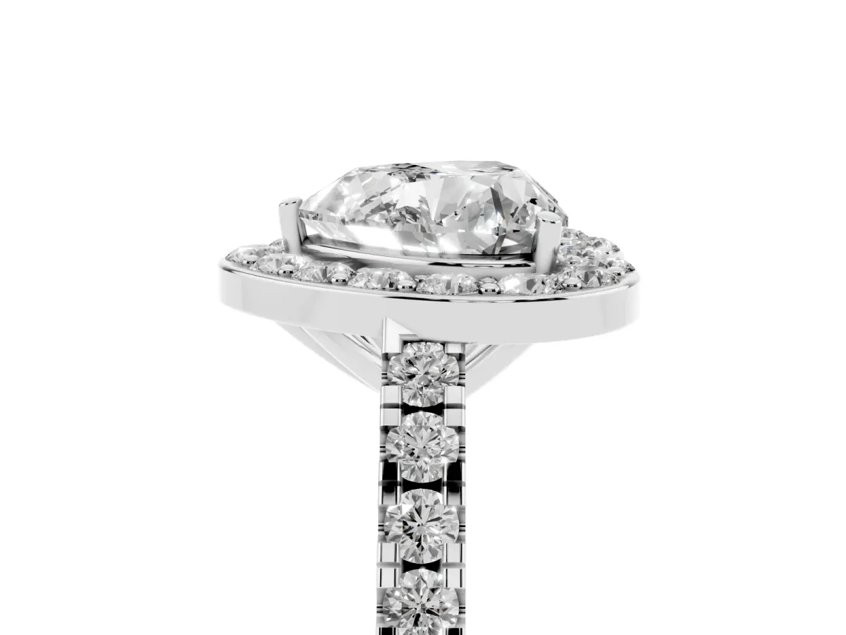 Heart Cut Diamond Halo Ring with Round Pavé Split Shank and Prong Setting Silver