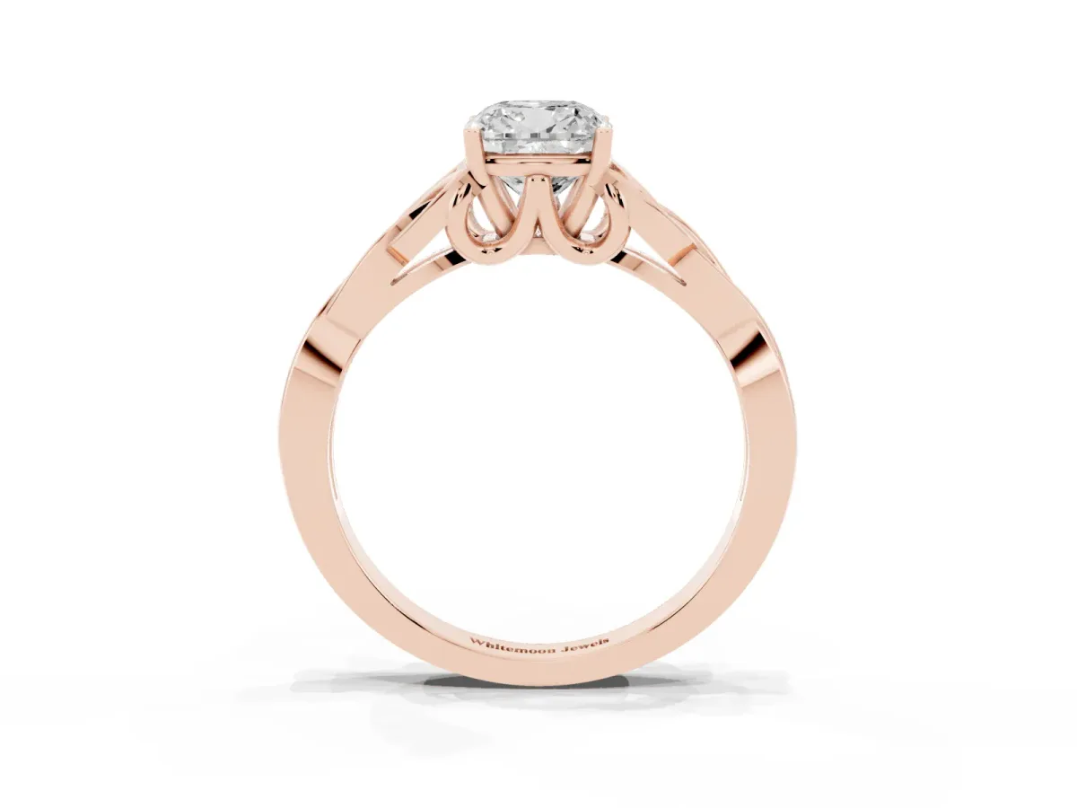 Cushion Cut Diamond Solitaire Engagement Ring with Celtic Knot Band and Four-Prong Setting Rose gold