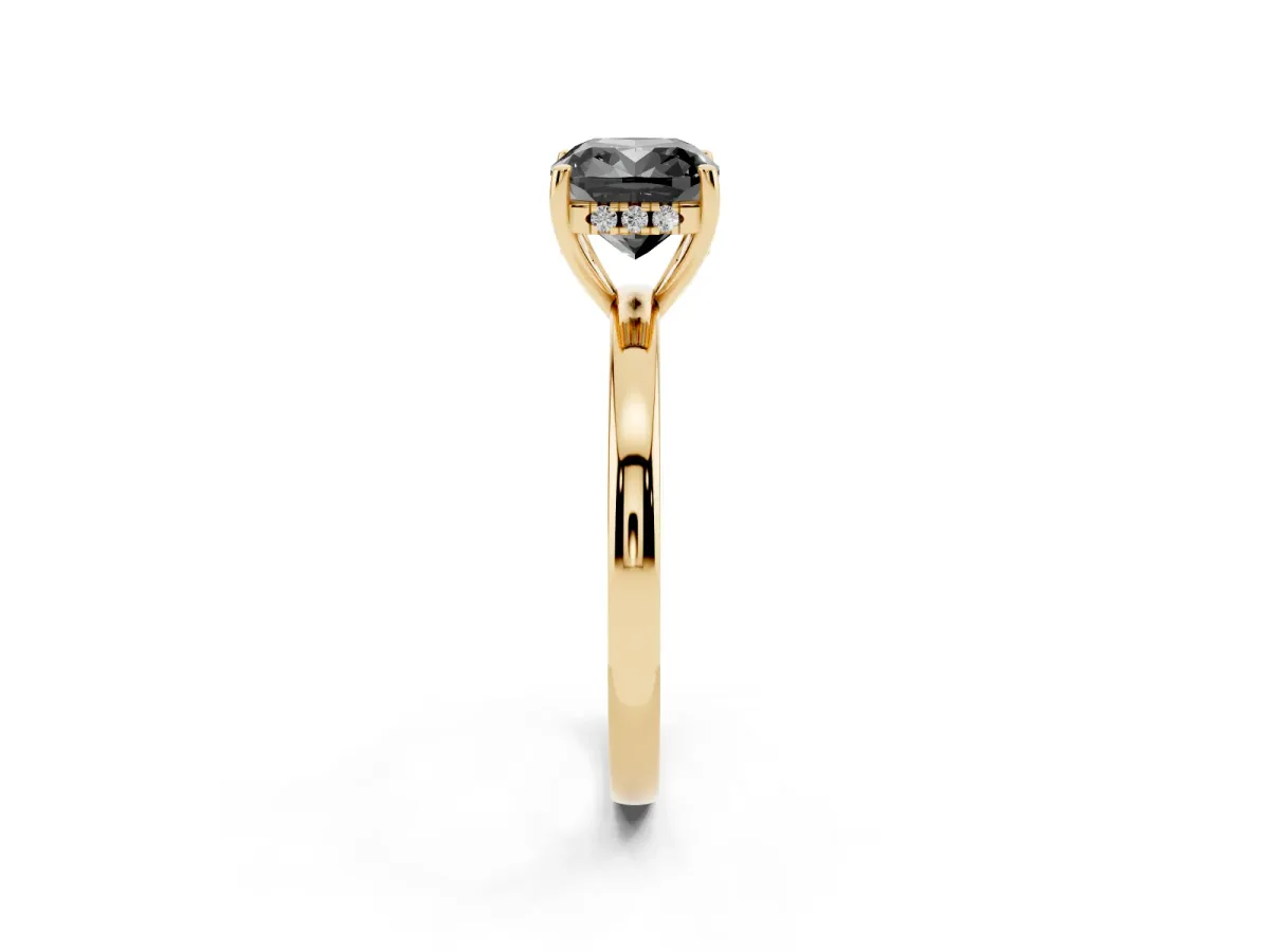 Fancy Black Cushion Cut Solitaire Diamond Ring with Prong Setting and Plain Band Yellow gold