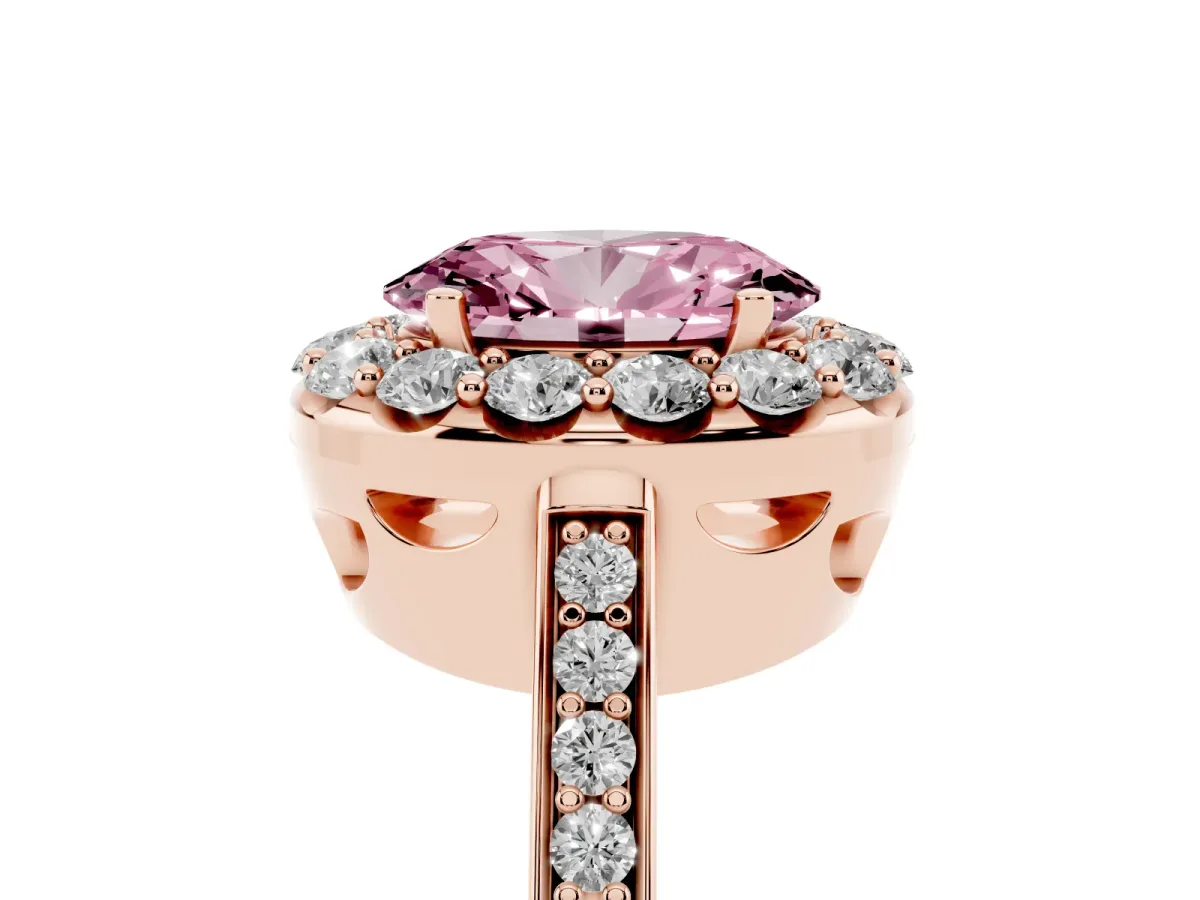 Fancy Pink Oval Cut Diamond Floral Halo Ring with Pavé Band and Prong Setting Rose gold