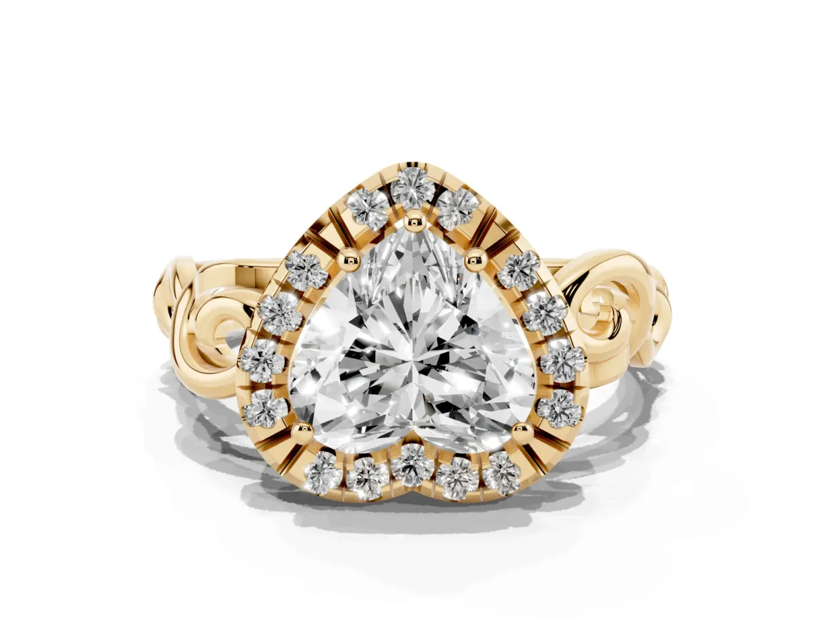 Heart Cut Cut Halo Diamond Ring with Scrollwork Band and Four-Prong Setting Yellow gold
