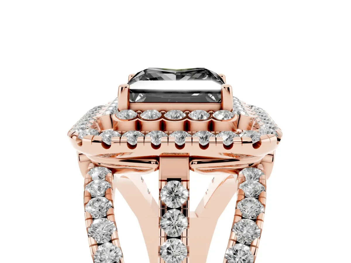 Fancy Black Princess Cut Diamond Double Halo Ring with Round Pavé Split Shank and Prong Setting Rose gold