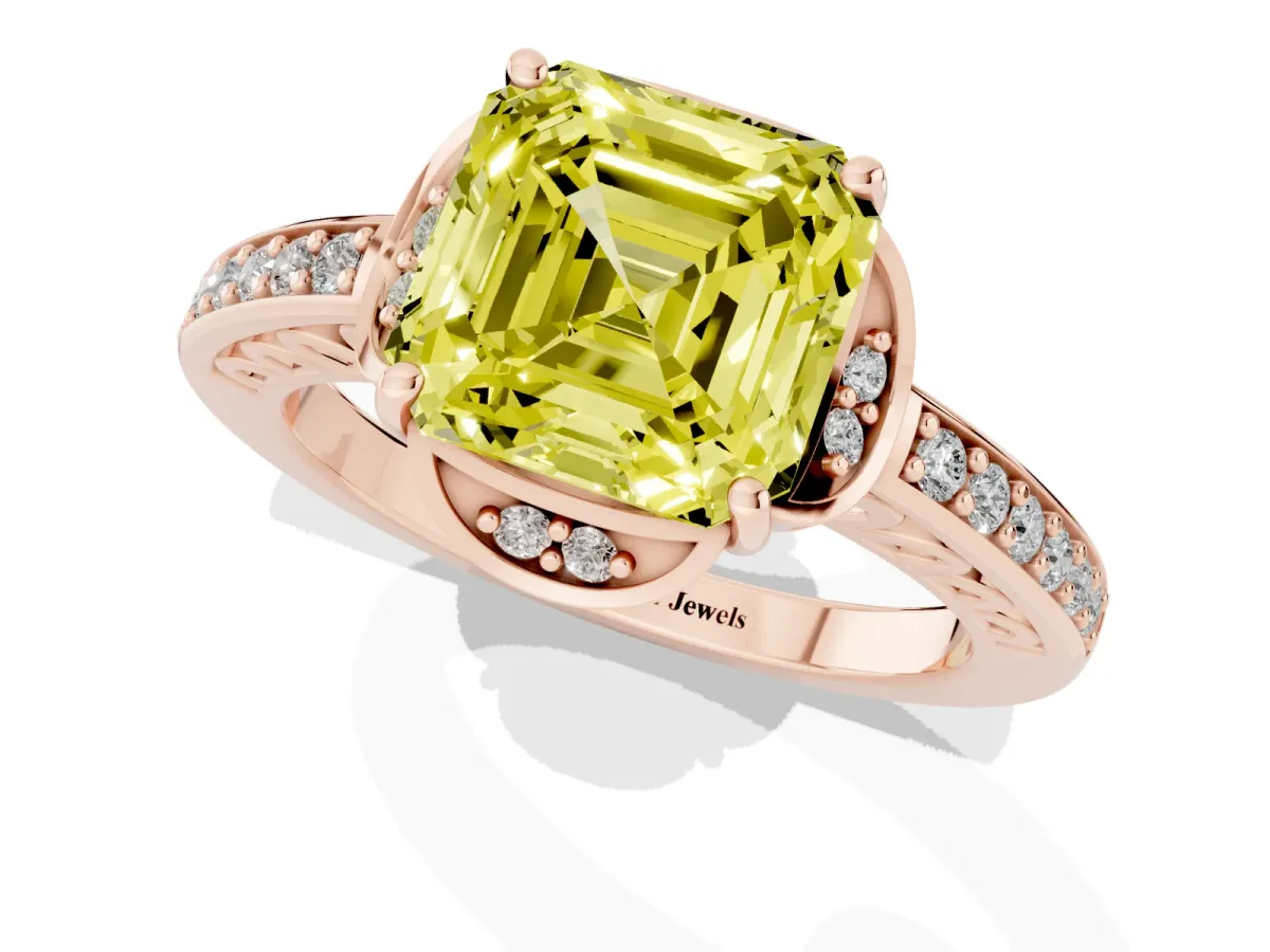 Fancy Yellow Asscher Cut Cut Halo Diamond Ring with Channel Set Band and Four-Prong Setting Rose gold