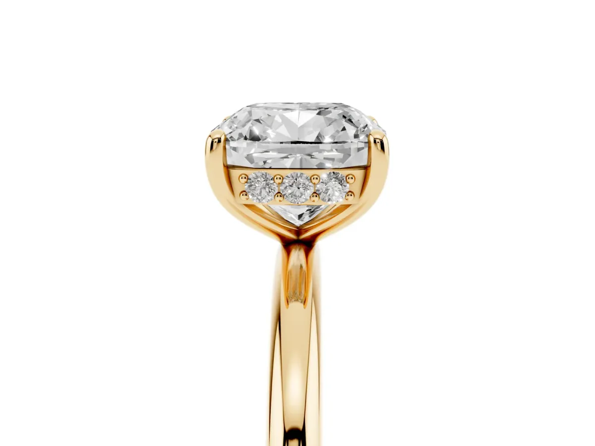 Cushion Cut Solitaire Diamond Ring with a Classic Band and Four-Prong Setting Yellow gold