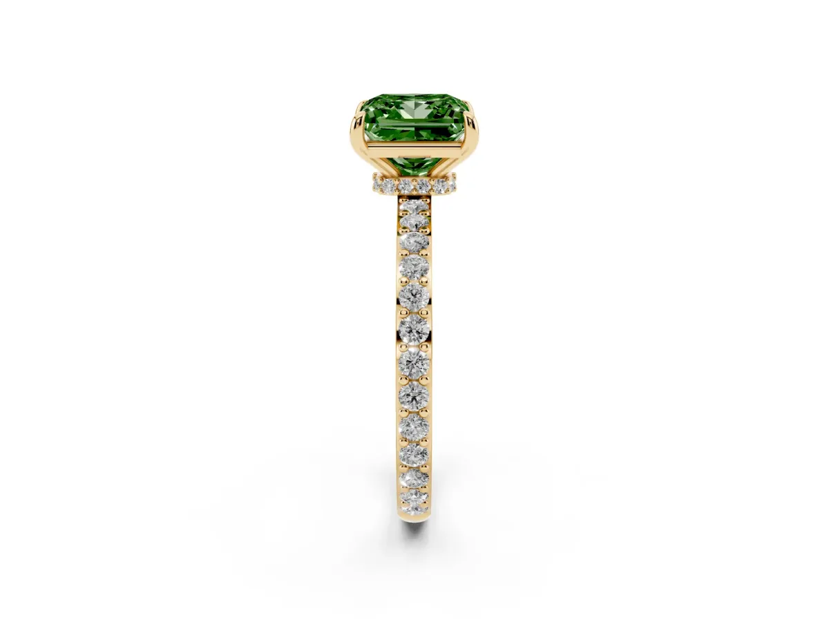 Fancy Green Princess Cut Diamond Pavé Engagement Ring with Round Accents and Prong Setting Yellow gold