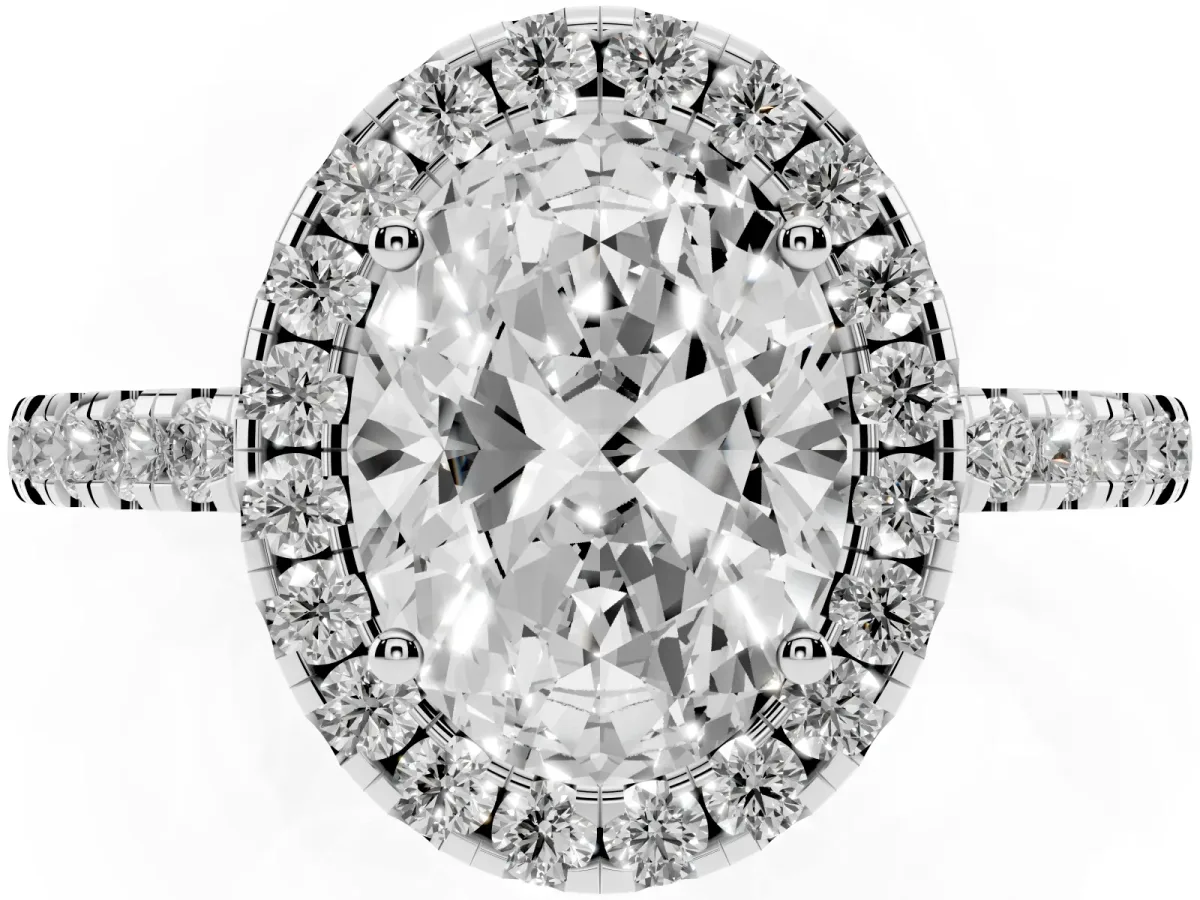 Oval Cut Halo Diamond Engagement Ring with Pavé Band and Four-Prong Setting Silver