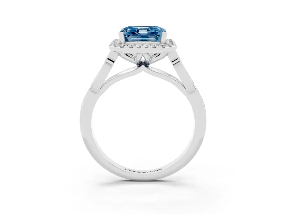 Fancy Blue Asscher Cut Halo Diamond Engagement Ring with Filigree Band and Four-Prong Setting Silver