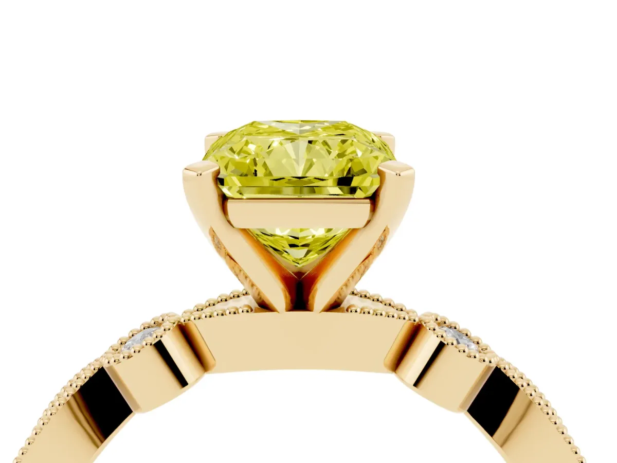 Fancy Yellow Radiant Cut Milgrain Bezel Diamond Engagement Ring with Solitaire Prong Setting Yellow gold
