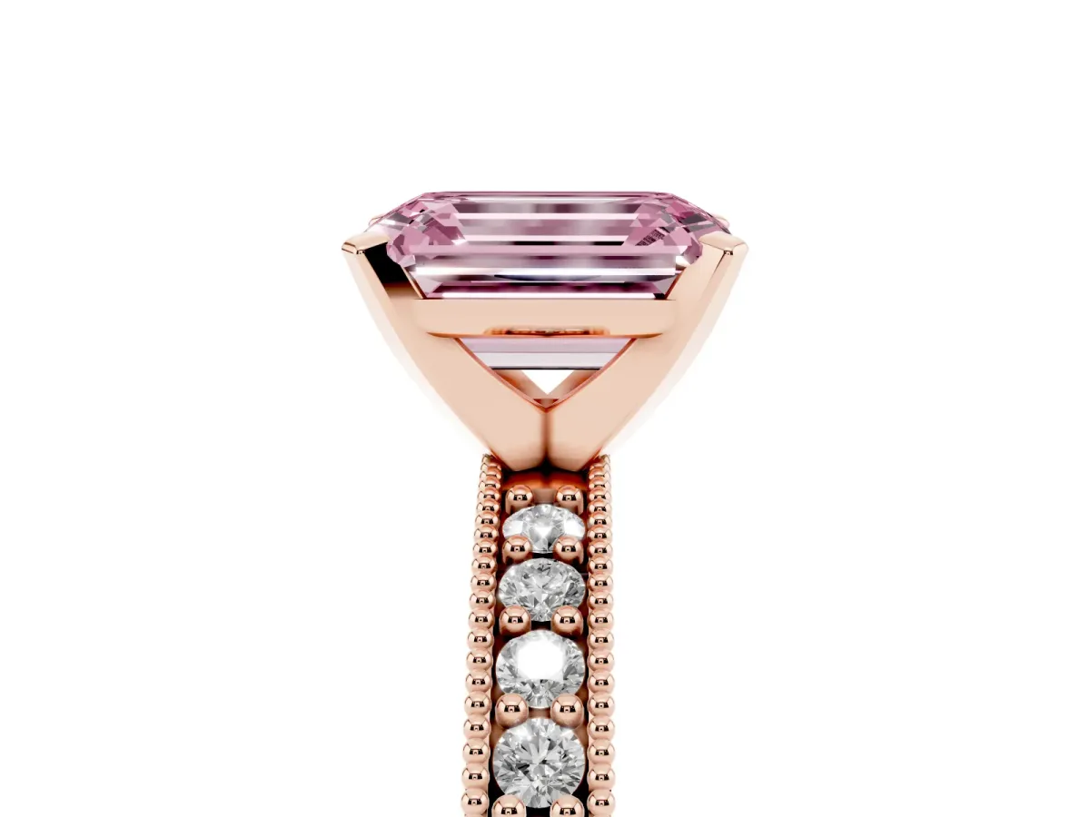 Fancy Pink Emerald Cut Diamond Milgrain Pavé Engagement Ring with Four-Prong Setting Rose gold