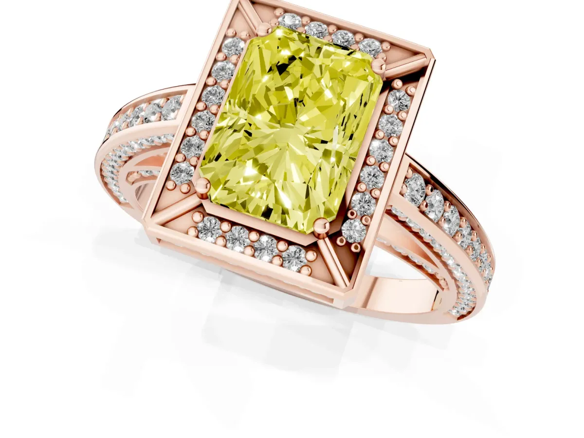 Fancy Yellow Radiant Cut Cut Halo Pave Split Shank Prong Setting Ring Rose gold