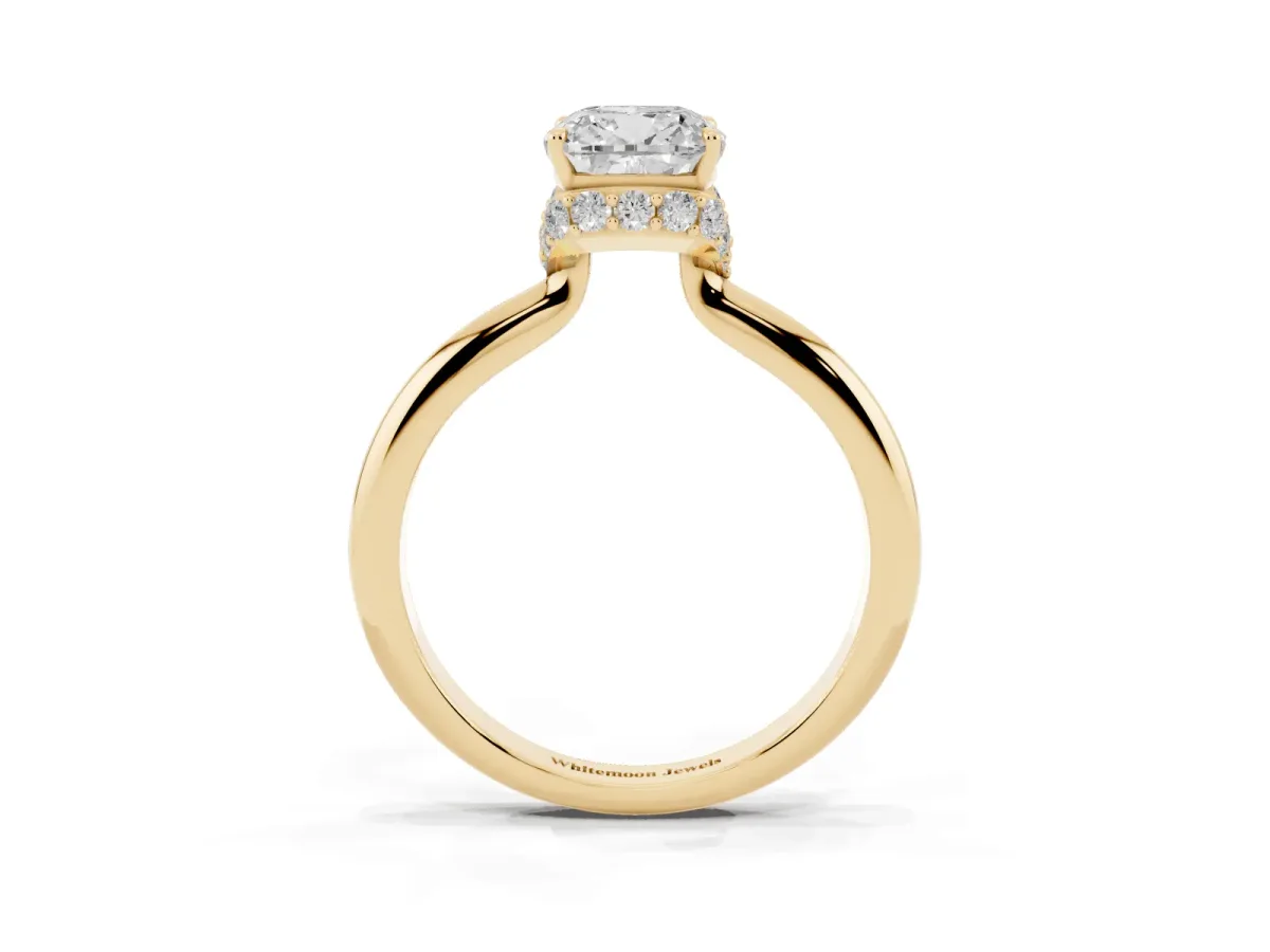 Cushion Cut Brilliant Solitaire Engagement Ring with Six-Prong Setting and Classic Band Yellow gold