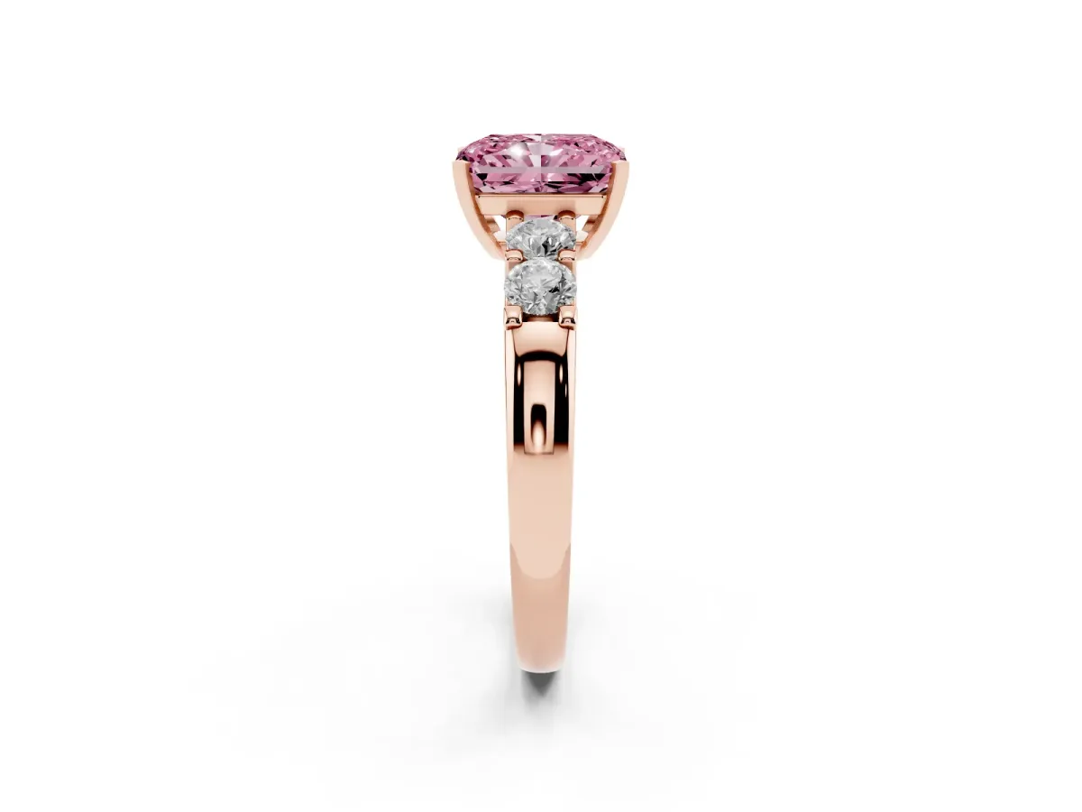 Fancy Pink Radiant Cut Brilliant Cut Diamond Five-Stone Prong Set Engagement Ring with Channel Band Rose gold