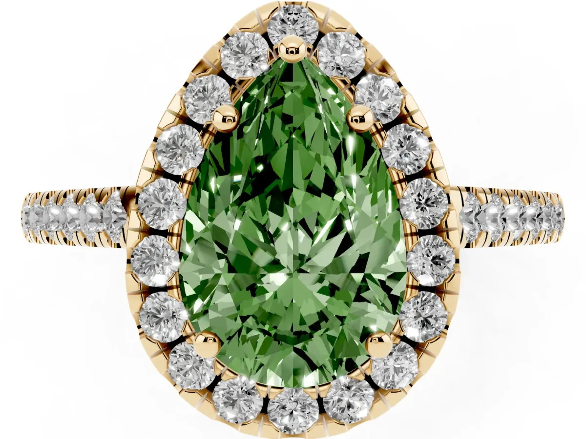 Fancy Green Pear Cut Halo Pavé Diamond Engagement Ring with Four-Prong Setting Yellow gold