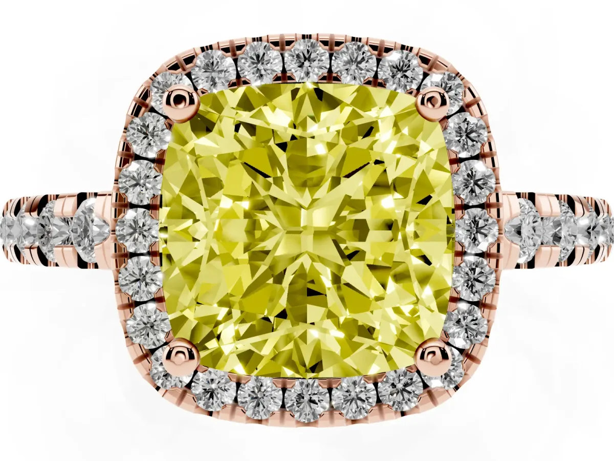 Fancy Yellow Cushion Cut Diamond Halo Ring with Pavé Band and Four-Prong Setting Rose gold