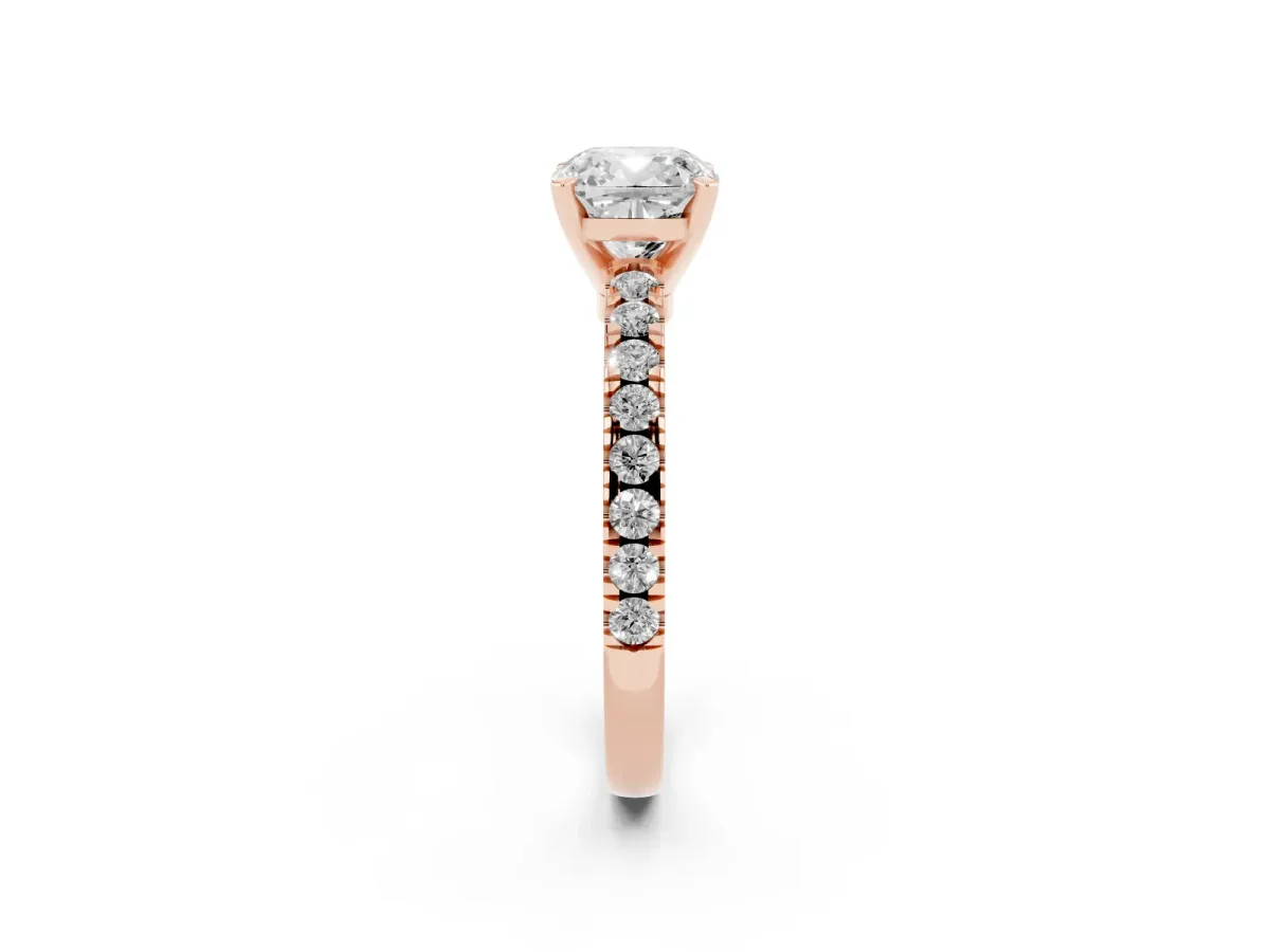 Cushion Cut Solitaire Diamond with Pavé Band and Four-Prong Setting Rose gold