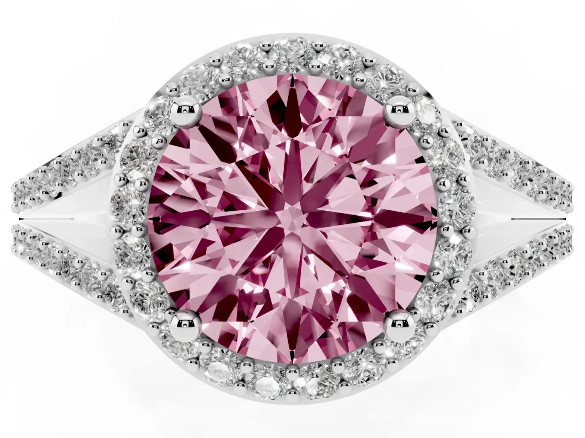 Fancy Pink Round Cut Halo Split Shank Pave Diamond Ring with Four-Prong Setting Silver