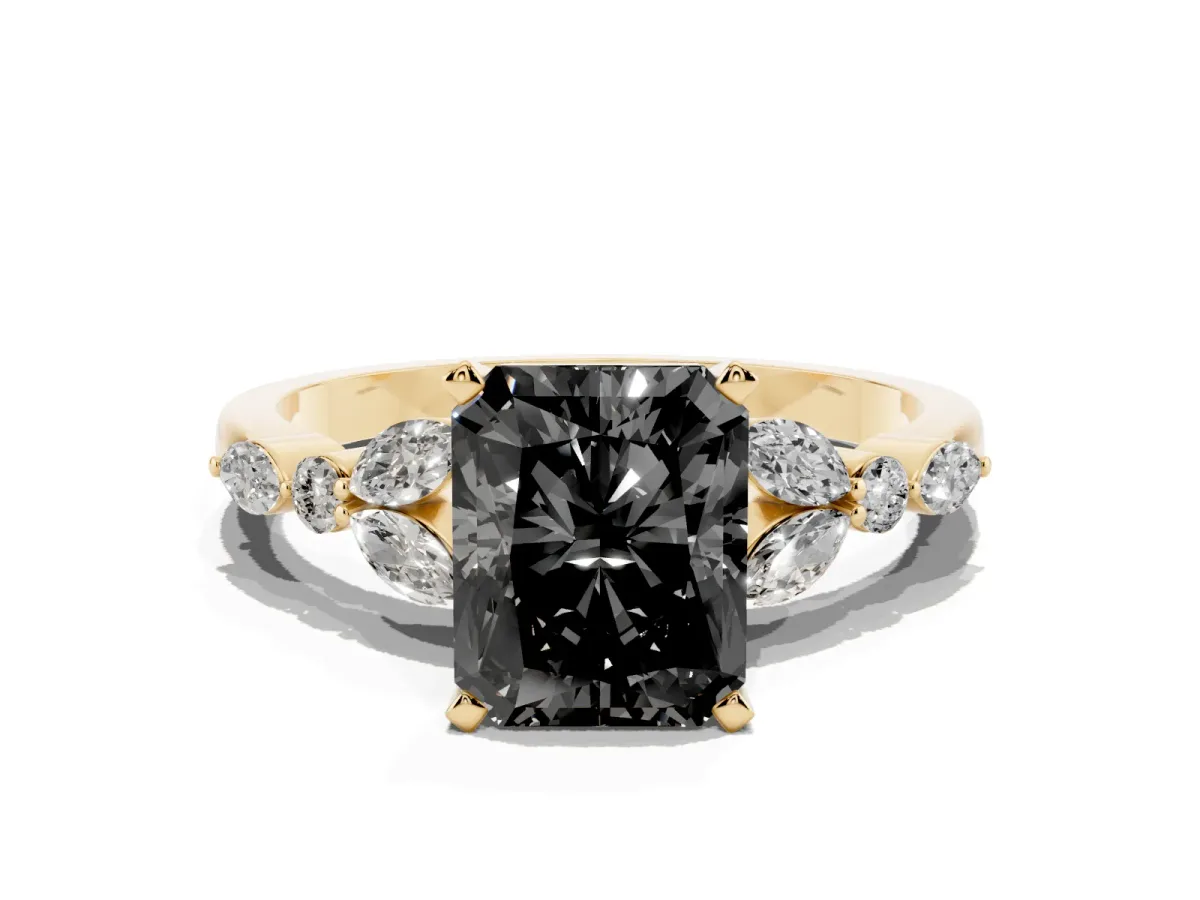 Fancy Black Radiant Cut Diamond Solitaire Ring with Side Stones and Four-Prong Setting Yellow gold