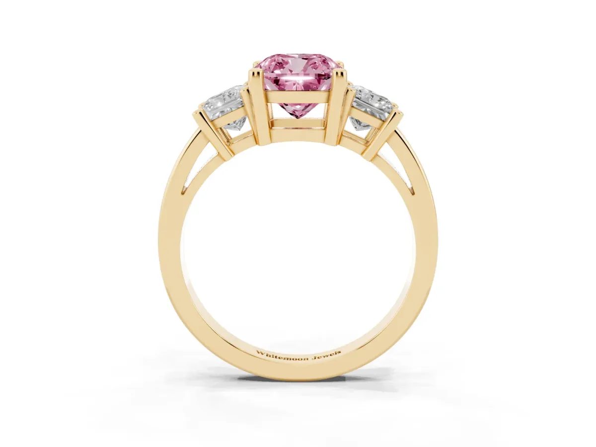 Fancy Pink Three-Stone Cushion Cut Cut Solitaire Ring with Prong Setting Yellow gold