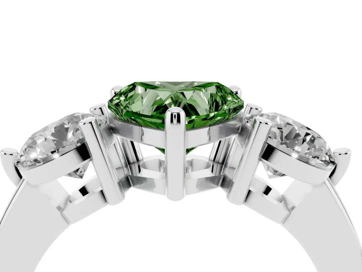 Fancy Green Three-Stone Heart Cut Brilliant Cut Solitaire Ring with Prong Setting on a Classic Band White gold