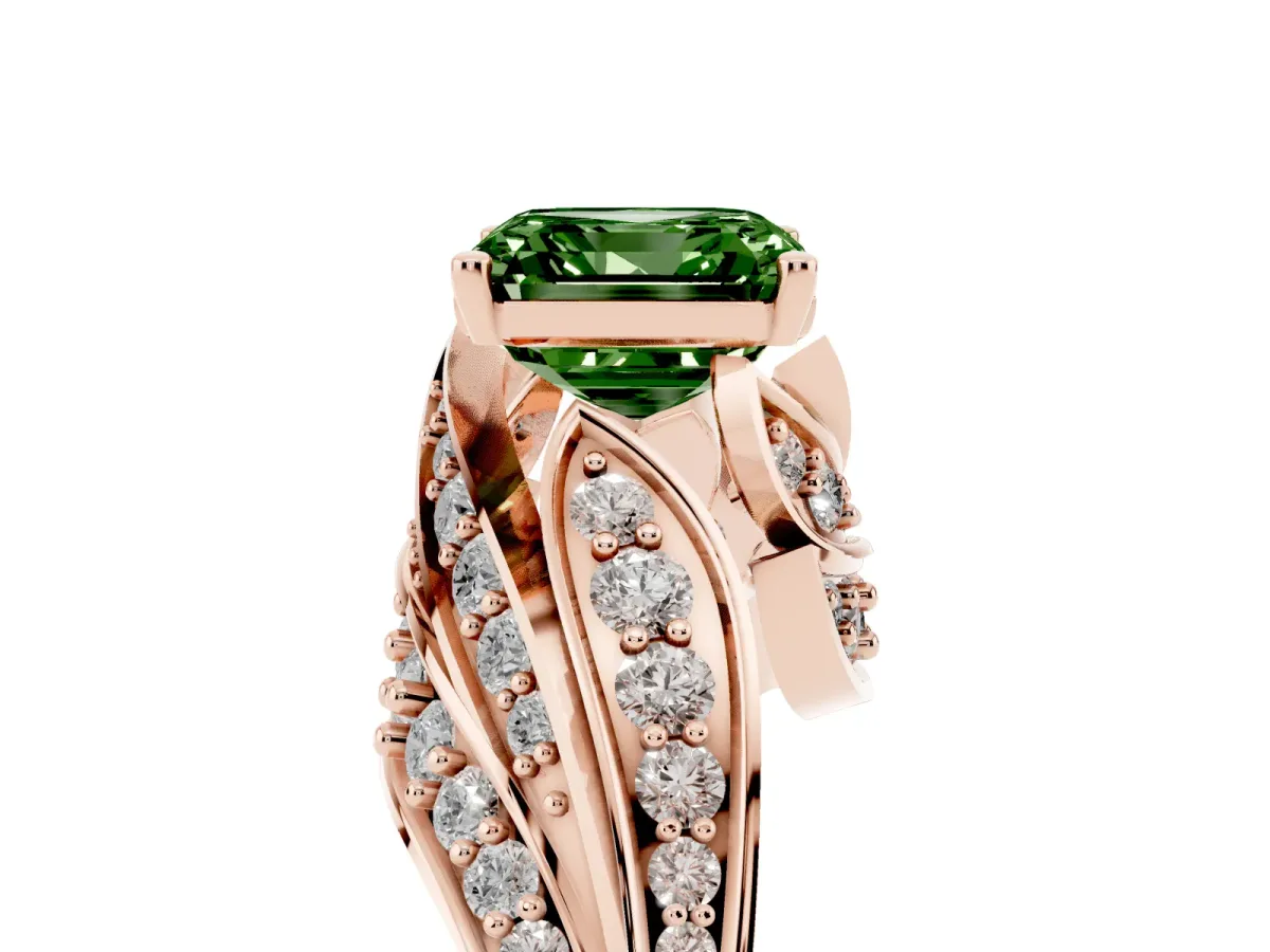 Fancy Green Asscher Cut Diamond Solitaire Ring with Prong Setting and Twisted Pavé Band Rose gold