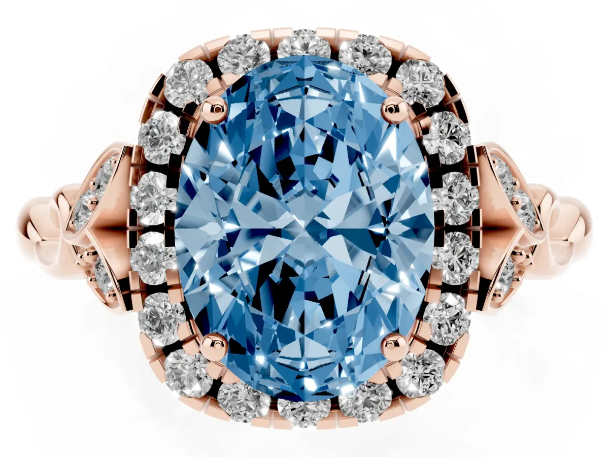 Fancy Blue Oval Cut Halo Diamond Engagement Ring with Vintage-Inspired Band and Four-Prong Setting Rose gold