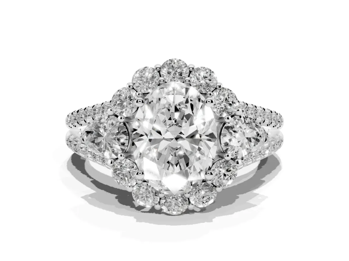Oval Cut Halo Split Shank Diamond Engagement Ring with Prong Setting Silver