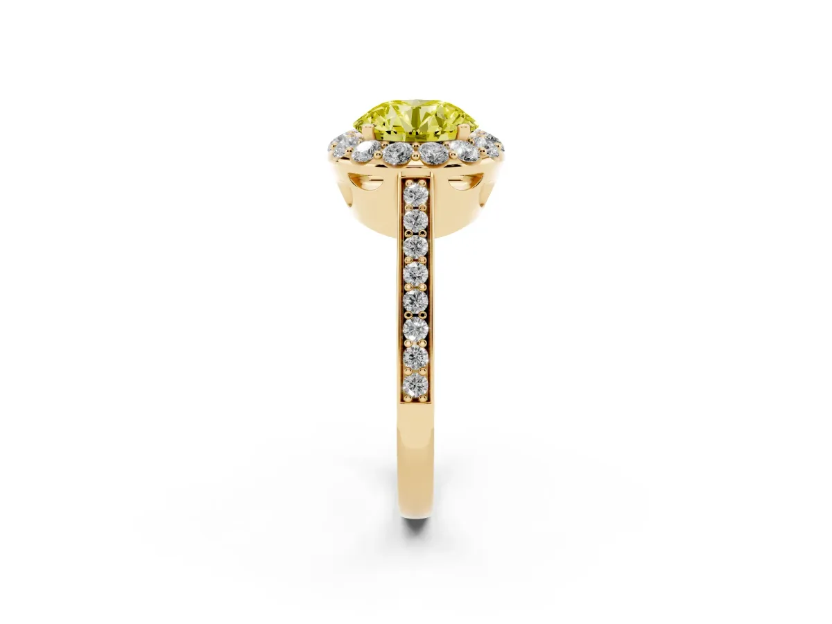 Fancy Yellow Round Cut Diamond Floral Halo Ring with Pavé Band and Prong Setting Yellow gold