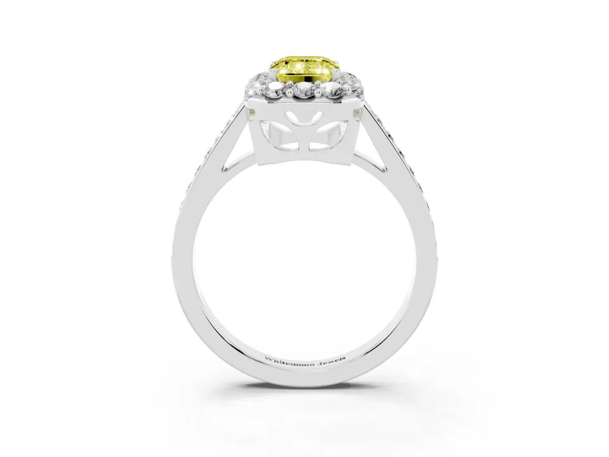 Fancy Yellow Emerald Cut Diamond Floral Halo Ring with Pavé Band and Prong Setting Silver