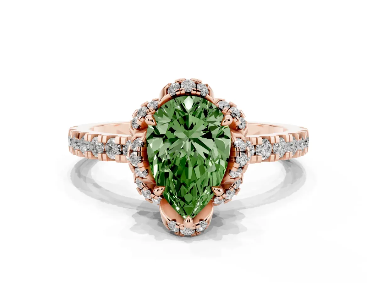 Fancy Green Pear Cut Halo Diamond Pave Band Ring with Four-Prong Setting Rose gold