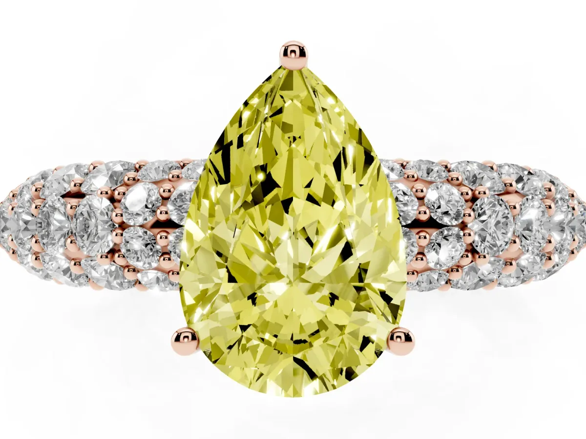 Fancy Yellow Pear Cut Diamond Pavé Band Solitaire Ring with Four-Prong Setting Rose gold