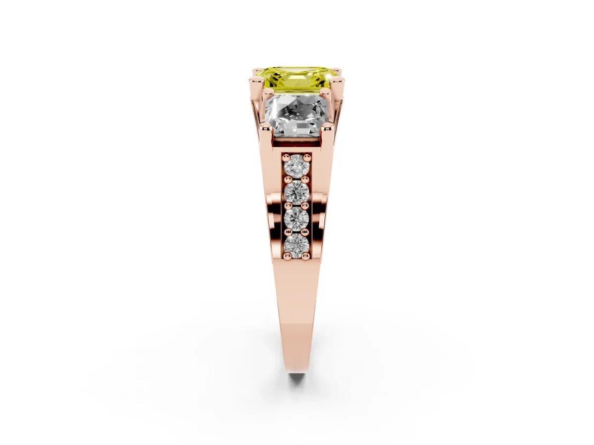 Fancy Yellow Asscher Cut Diamond Three-Stone Ring with Channel Set Band and Four-Prong Setting Rose gold