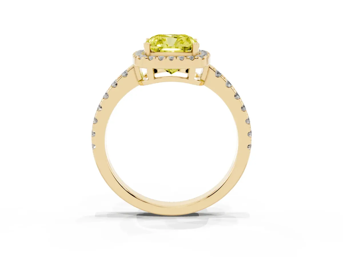 Fancy Yellow Cushion Cut Diamond Halo Ring with Pavé Band and Four-Prong Setting Yellow gold
