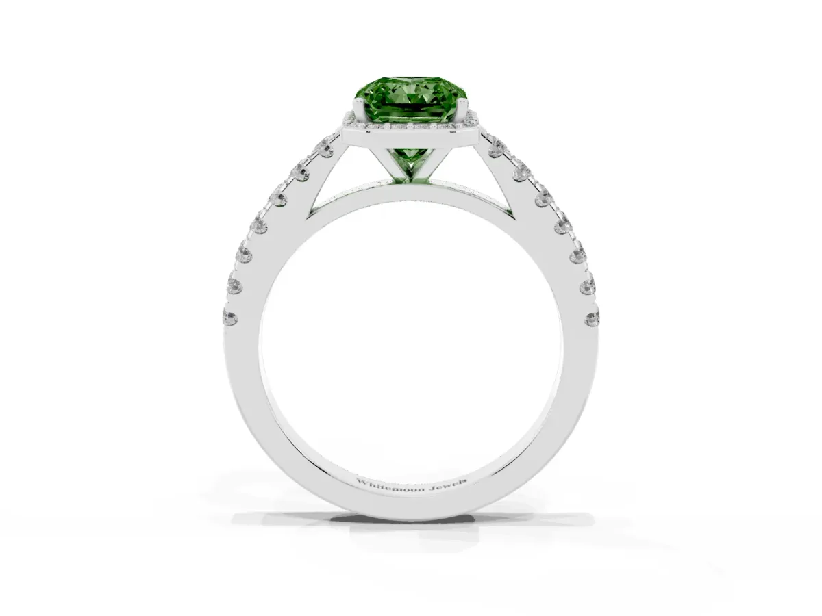Fancy Green Radiant Cut Cut Halo Diamond Engagement Ring with Pave Band and Four-Prong Setting Platinum