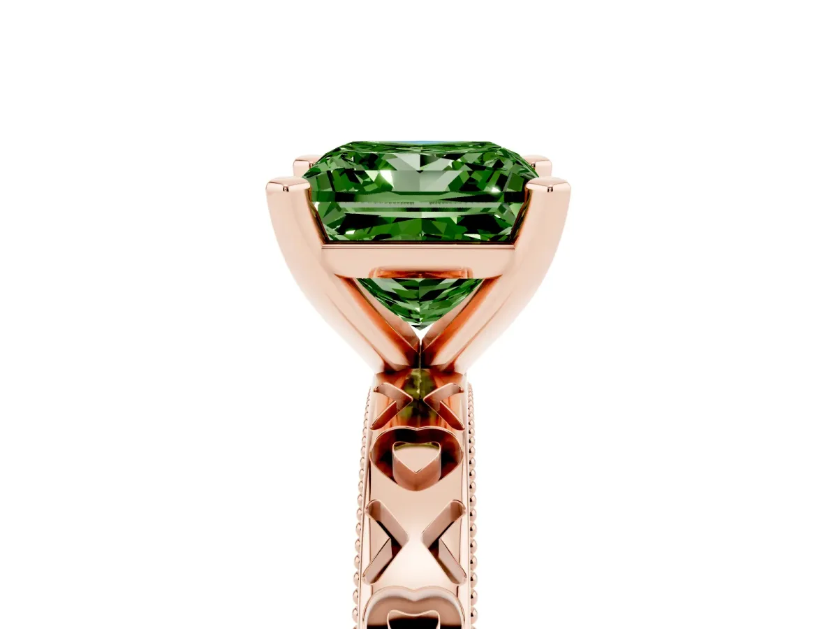 Fancy Green Princess Cut Solitaire Diamond Engagement Ring with XO Engraved Band and Four-Prong Setting Rose gold