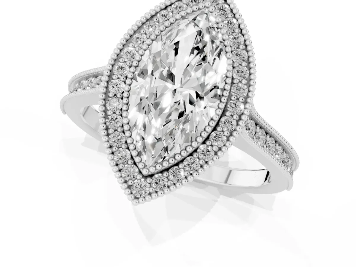 Halo Marquise Cut-Cut Diamond Pave Band Milgrain Prong Setting Ring Silver