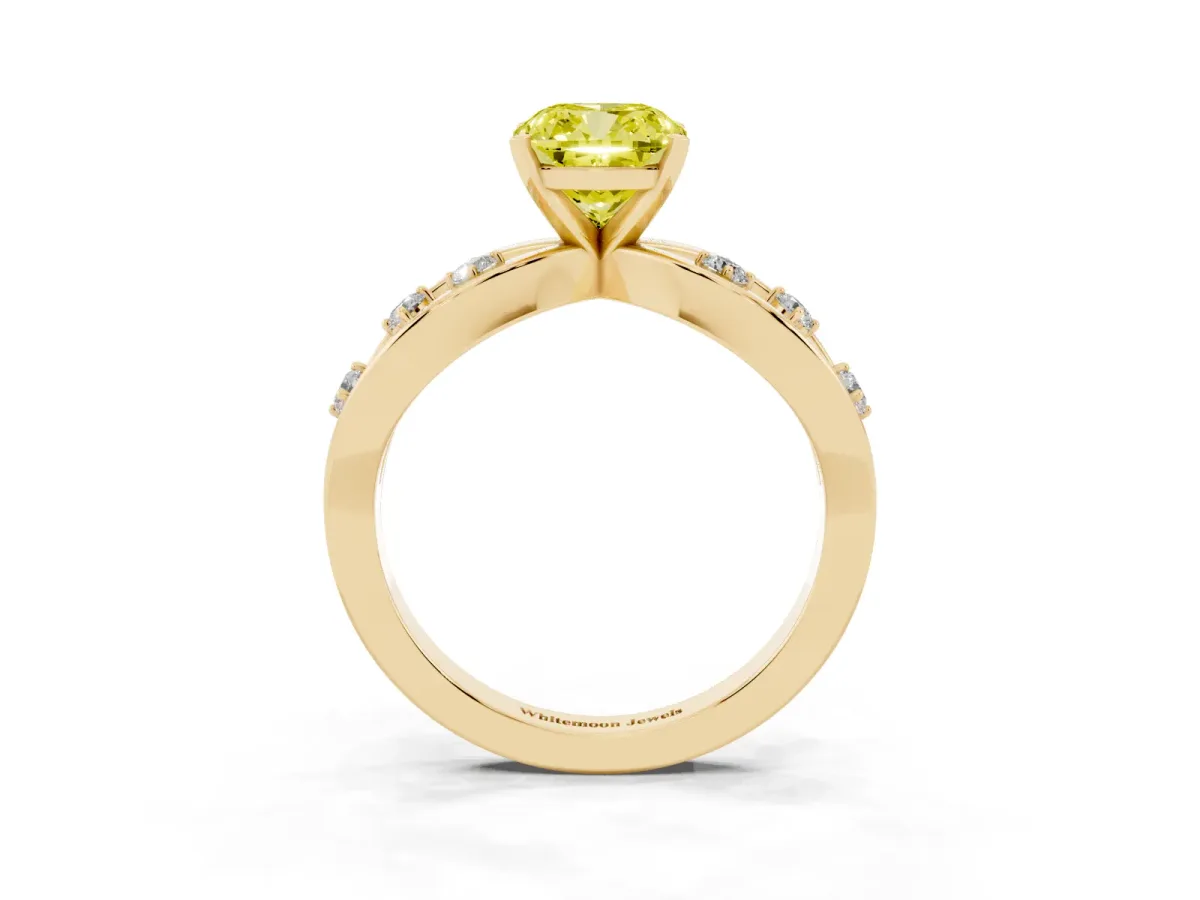 Fancy Yellow Cushion Cut Cut Solitaire Diamond with Side Stones on Criss-Cross Band and Four-Prong Setting Yellow gold