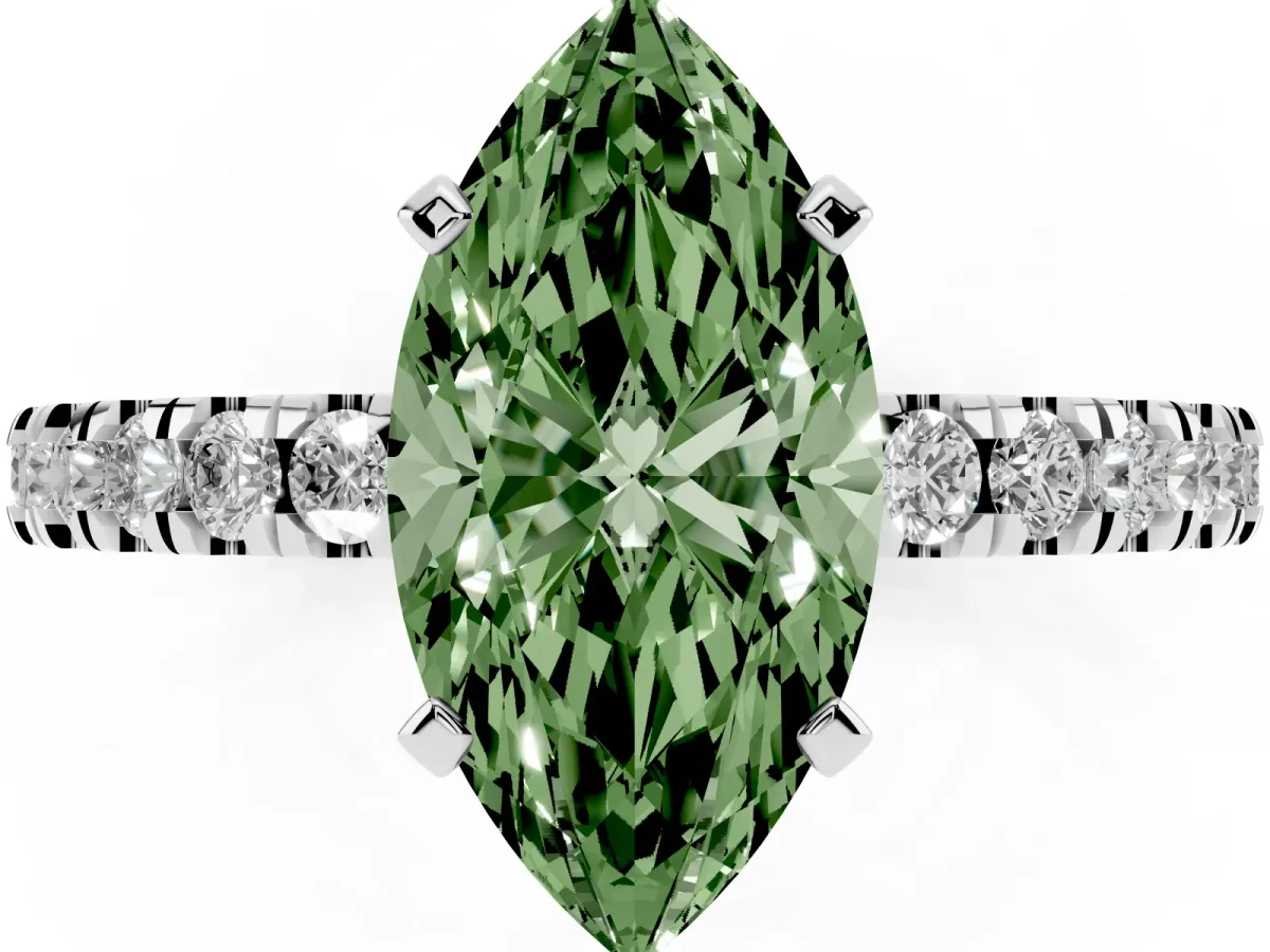 Fancy Green Marquise Cut Solitaire Diamond with Pavé Band and Four-Prong Setting White gold