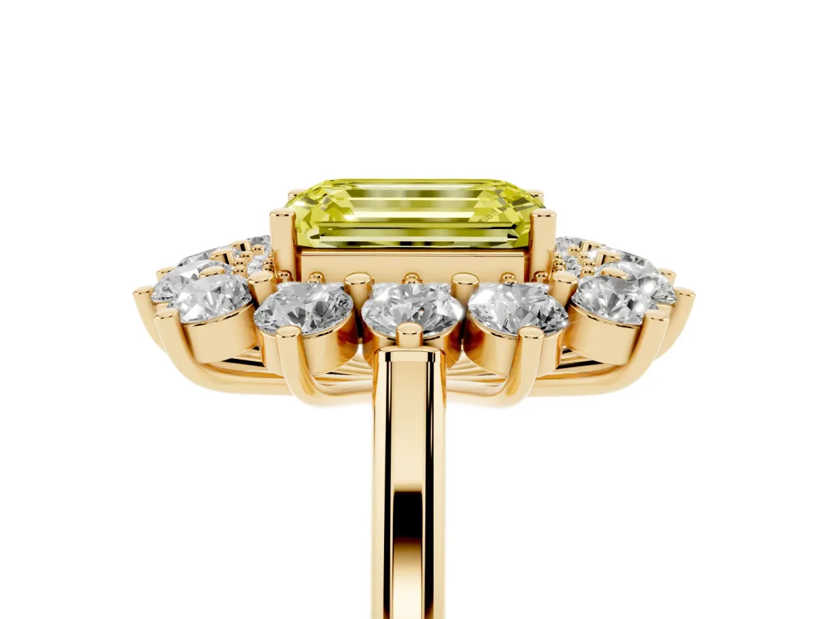 Fancy Yellow Emerald Cut Diamond Floral Double Halo Engagement Ring with Prong Setting Yellow gold
