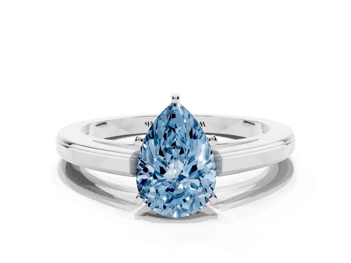 Fancy Blue Pear Cut Solitaire Diamond Ring with Four-Prong Setting and Classic Band White gold