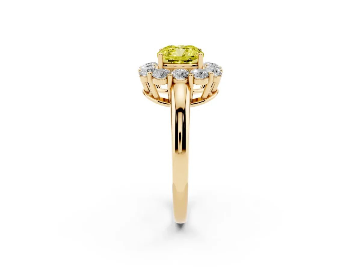 Fancy Yellow Cushion Cut Halo Cluster Diamond Engagement Ring with Prong Setting and Polished Band Yellow gold