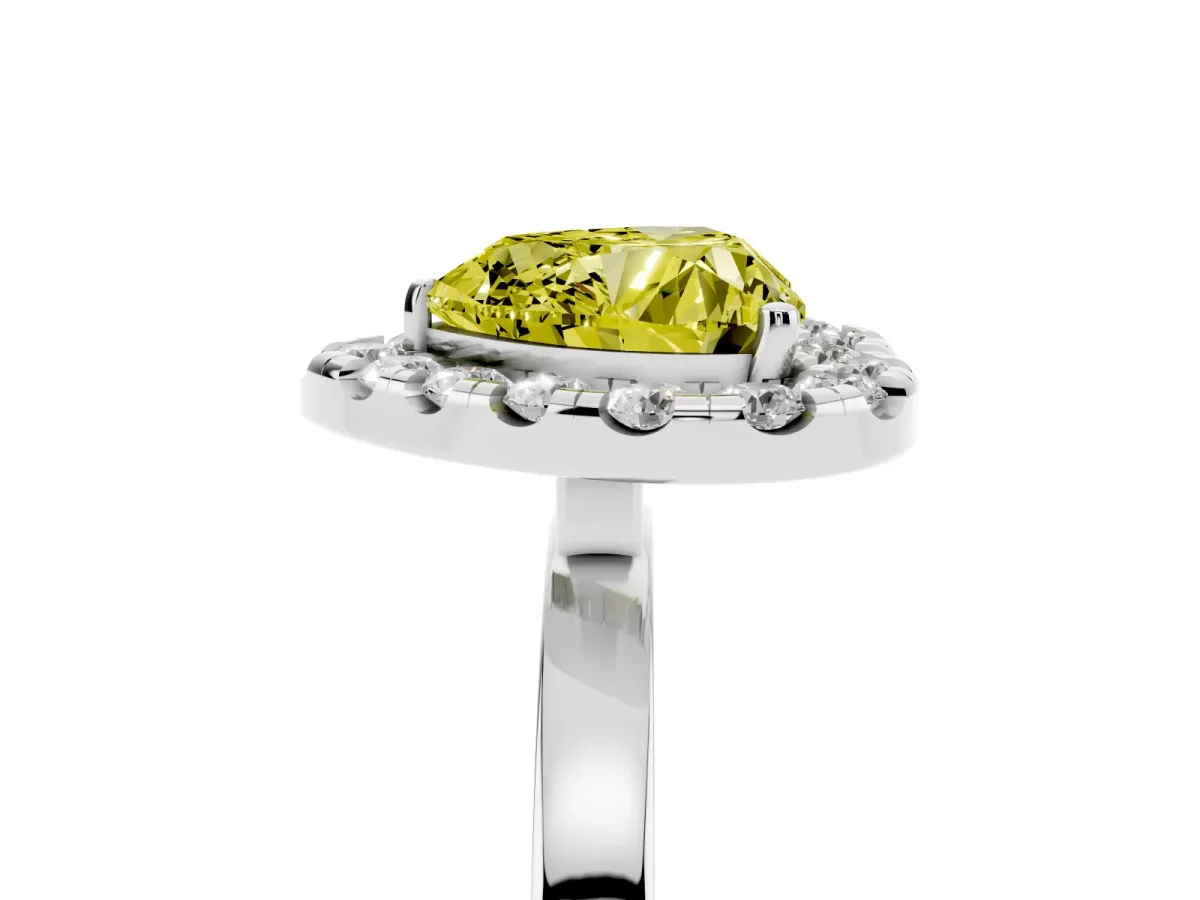 Fancy Yellow Heart Cut Halo Diamond Solitaire with Pavé Band and Four-Prong Setting White gold
