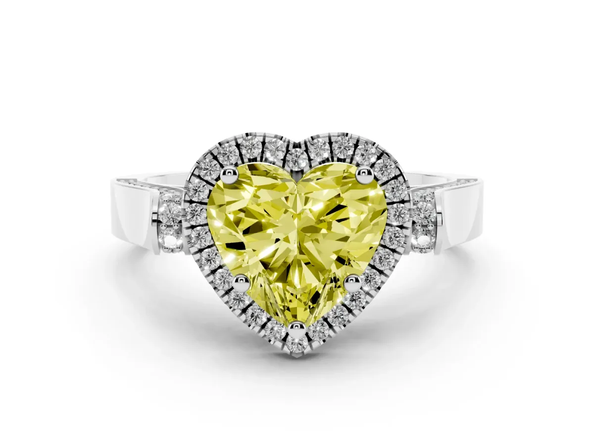 Fancy Yellow Heart Cut Halo Round Diamond Twist Band with Four-Prong Setting Platinum