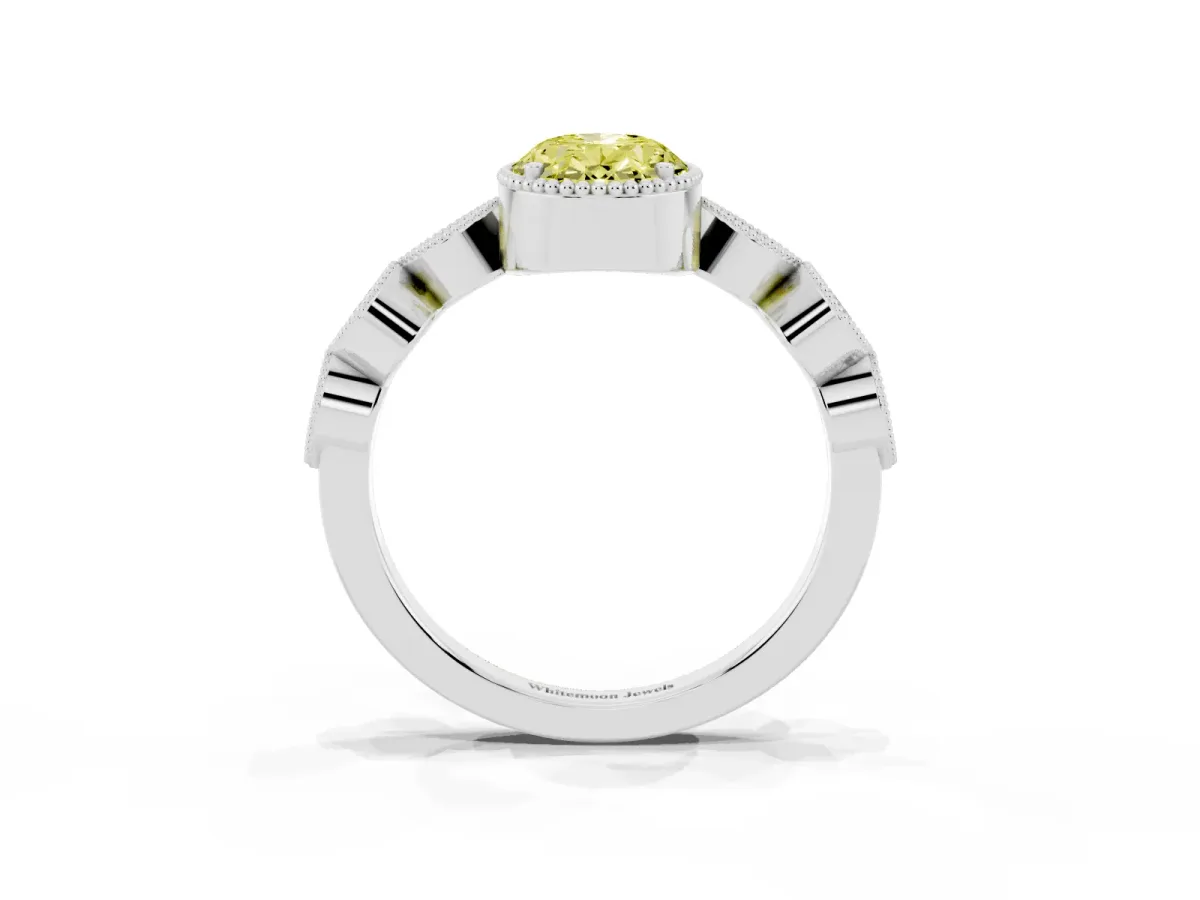 Fancy Yellow Oval Cut Diamond Vintage Milgrain Ring with Round Stations Silver