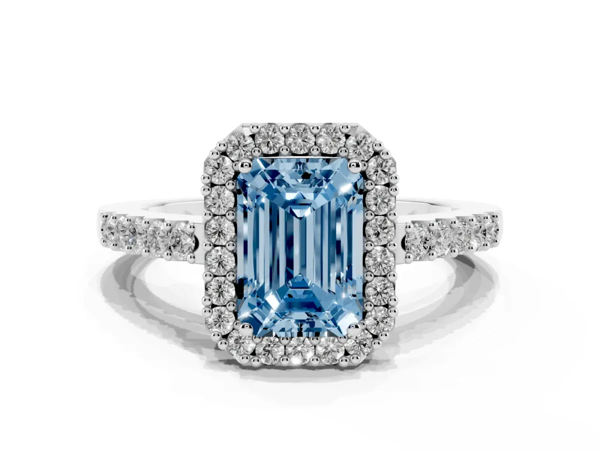 Fancy Blue Emerald Cut Halo Diamond Pavé Solitaire Ring Platinum