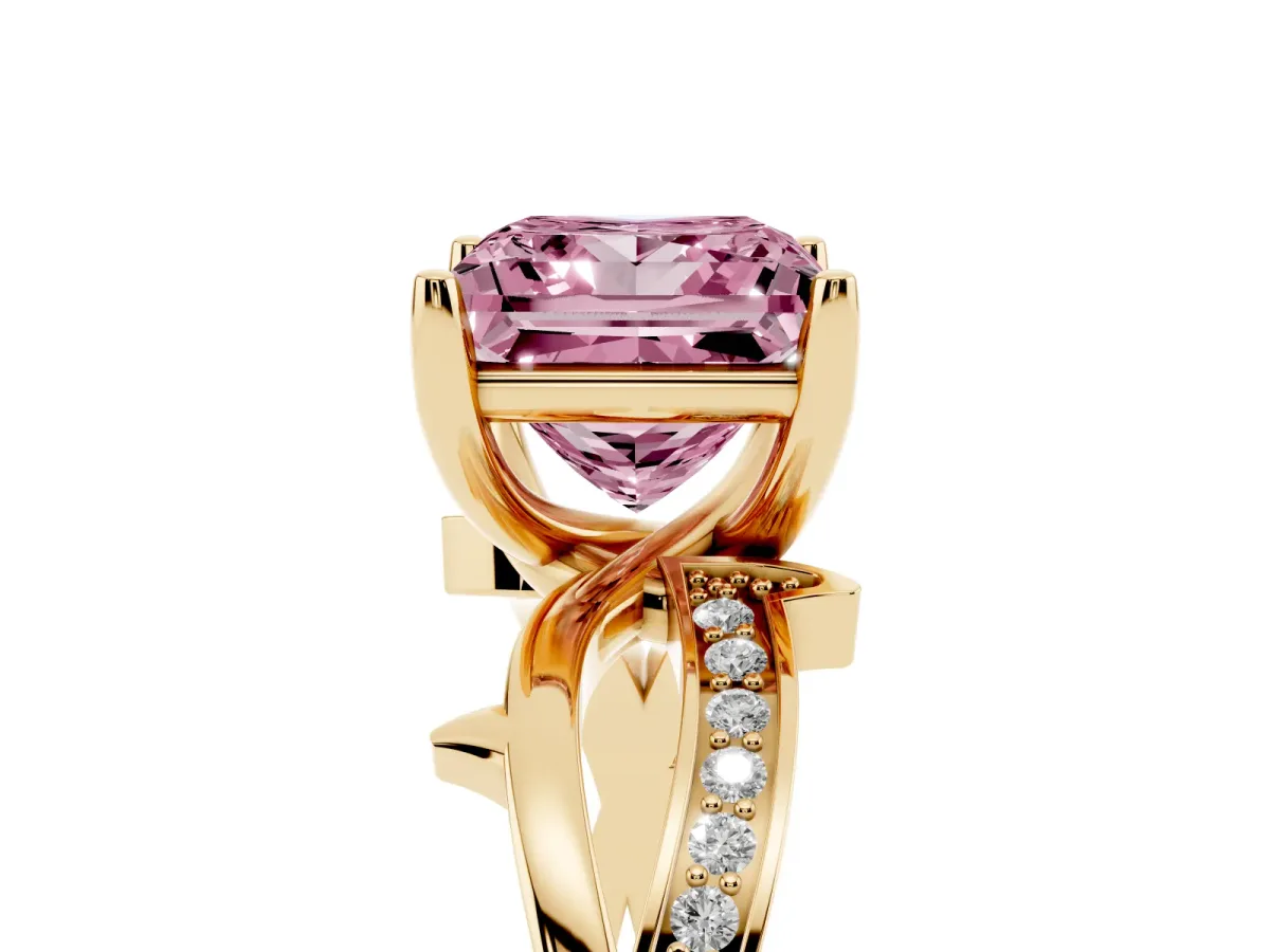 Fancy Pink Princess Cut Solitaire Twist Band with Pavé Accents and Four-Prong Setting Yellow gold